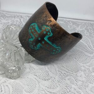 Artisan antique brass tone cross statement cuff bracelet